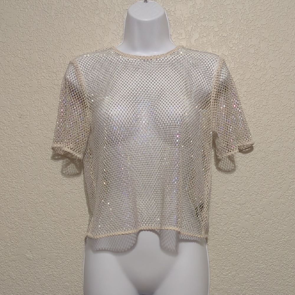 House of Harlow 1960 cream mesh sparkly cropped t shirt